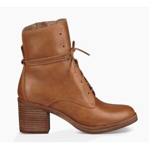 Rare UGG Womens Oriana Size 12 Tan Leather Lace-Up Zip Ankle Boots Stacked Heel